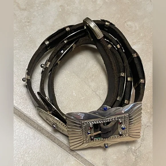 UNISEX BELT BRIGHT SILVER TONE Semi Pressure Stones Leather  display picture 3